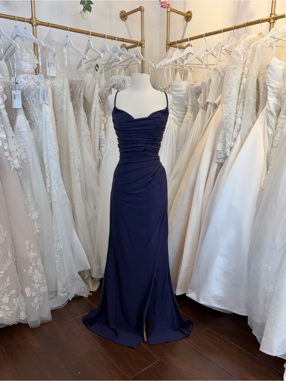 Bari Jay Navy Ruched Spaghetti-Strap Gown